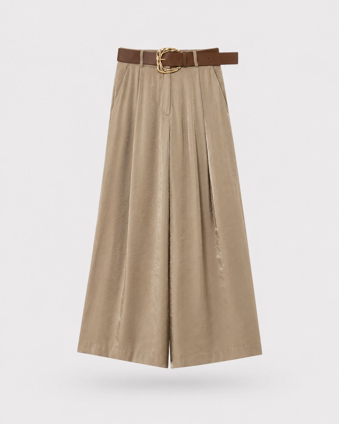 Satin Drape Belted Wide-Leg Trousers