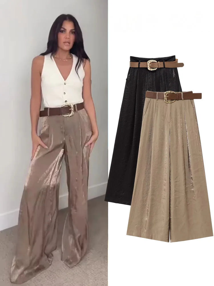 Satin Drape Belted Wide-Leg Trousers