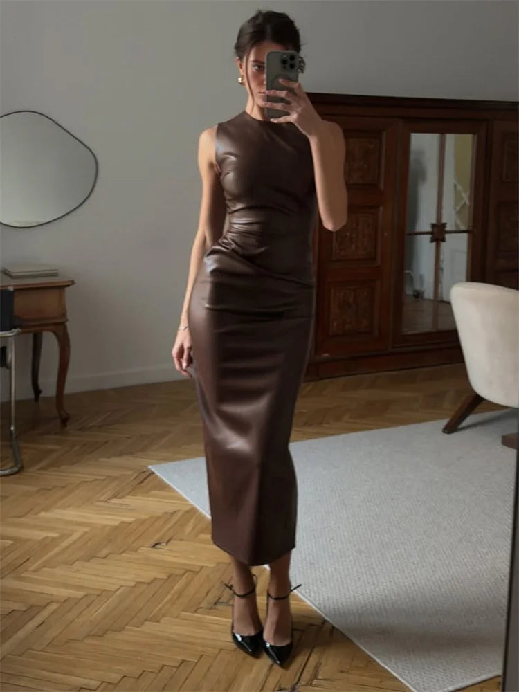 Kensington Contour Leather-Form Maxi Dress