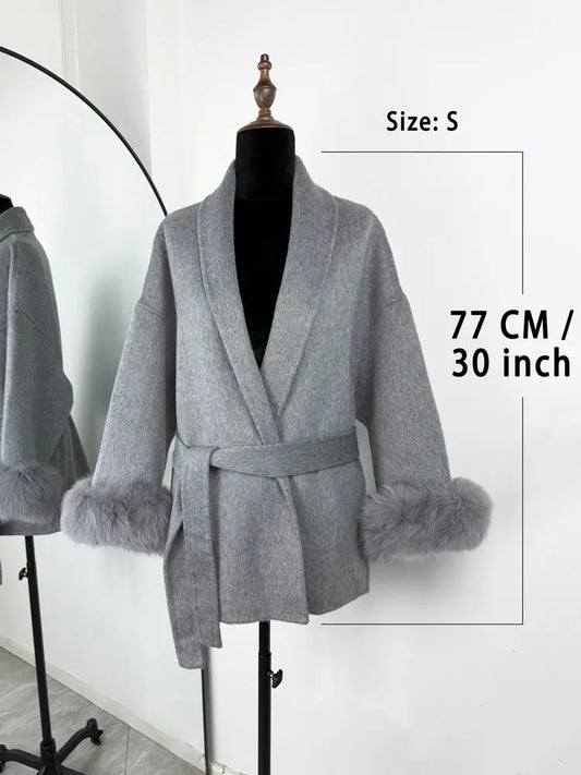 Regal Fox-Trim Wool Wrap Coat