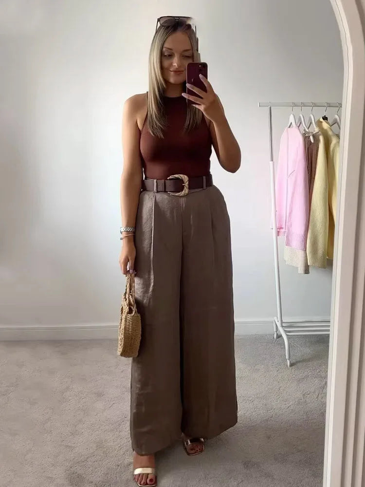 Satin Drape Belted Wide-Leg Trousers