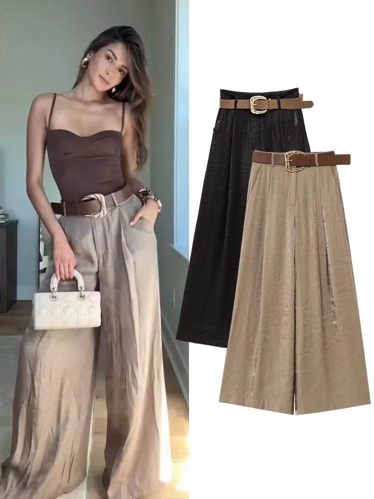 Satin Drape Belted Wide-Leg Trousers