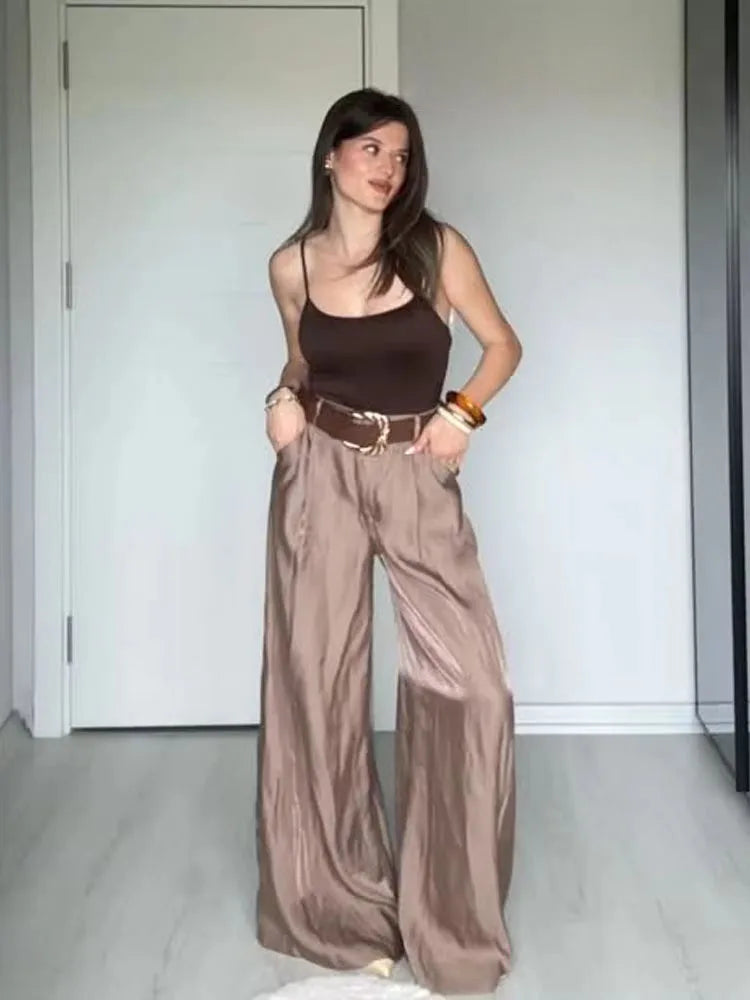 Satin Drape Belted Wide-Leg Trousers