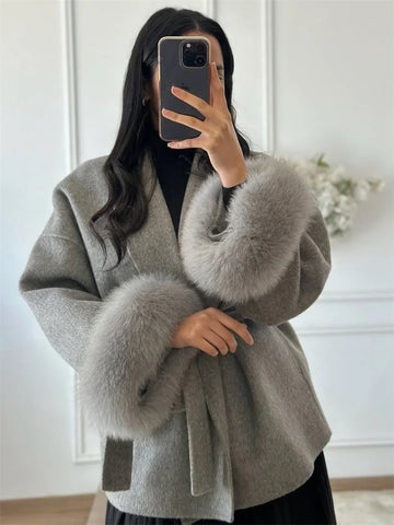 Regal Fox-Trim Wool Wrap Coat